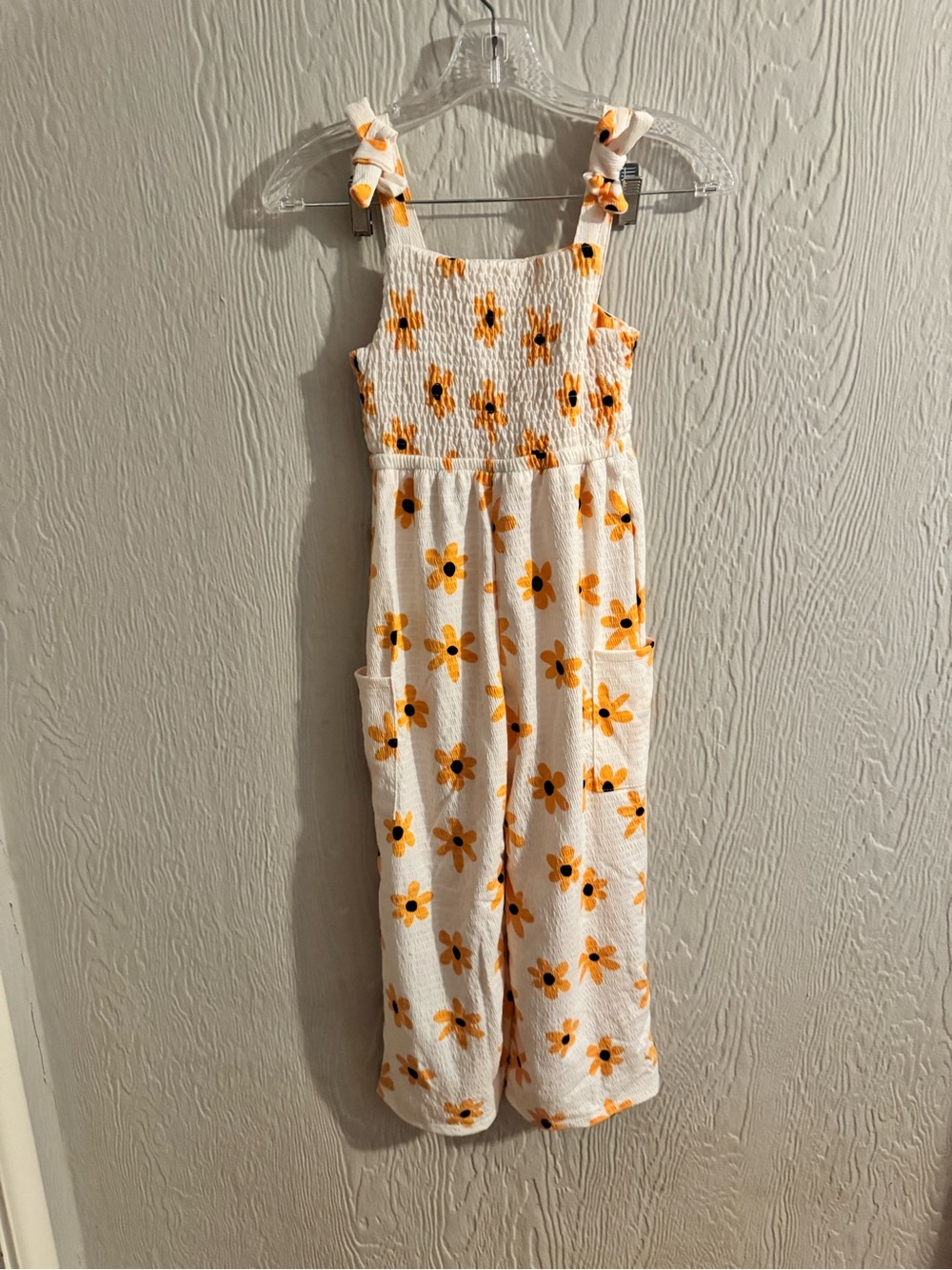 Girls White Sunflower One-Piece Romper with Tie Straps